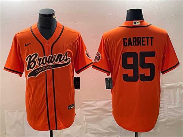 Men%27s Cleveland Browns #95 Myles Garrett Orange With Patch Cool Base Stitched Baseball Jersey